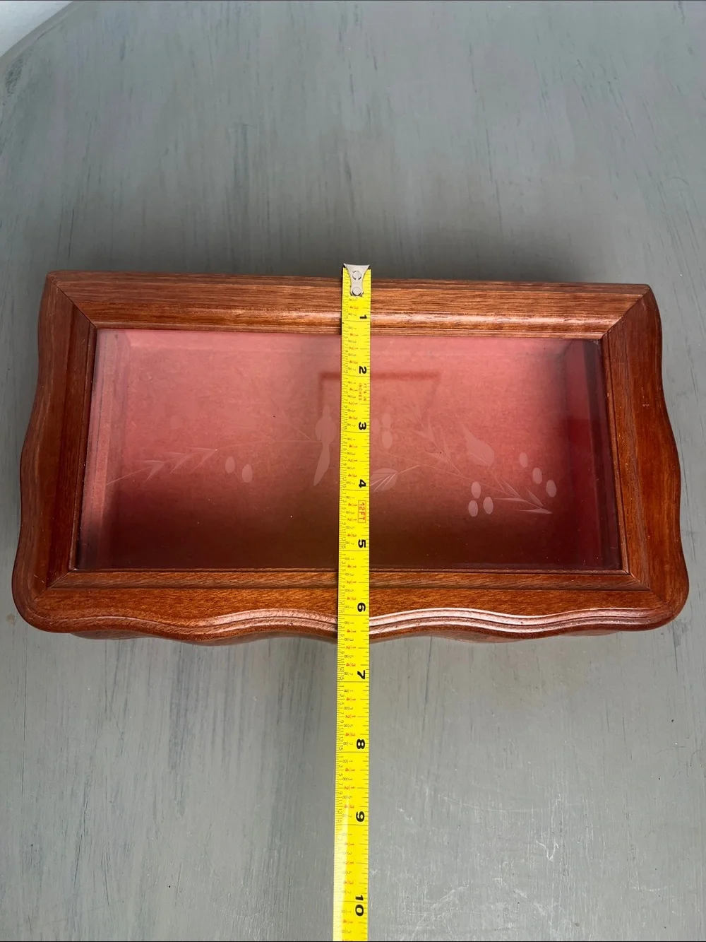 Vintage walnut etched glass jewelry/watch/treasure box. Beautiful curved lines.